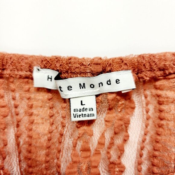 Rust Lace Peplum Blouse With Puff Sleeves & Satin Back-Tie Detail Size L - Picture 2 of 14